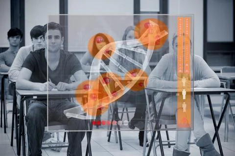 Classmates concentrated on futuristic interface with DNA Stock Photos