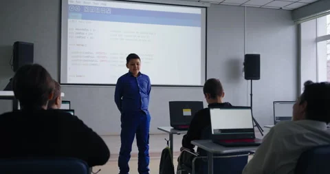 Classmates Discussing Program Code, Schoolboy Speaking In Front Pupils In Stock Footage 280175331