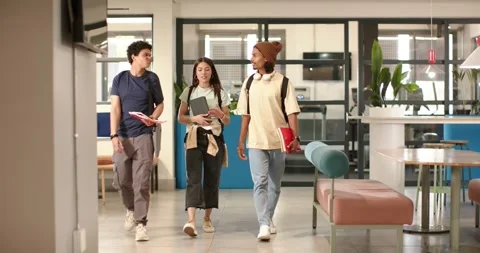Classmates entering hall walking toward lens and working on project woman using Stock Footage 335747469