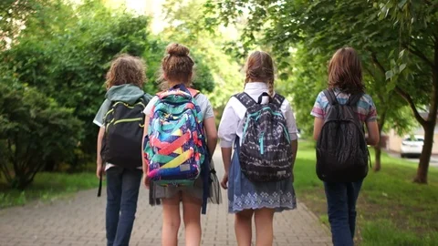 Classmates go to school on the avenue. First school day, back to school Stock Footage 109501583