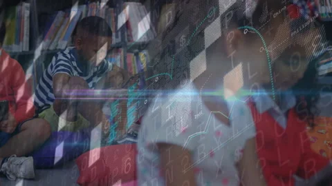 Classmates launching learning apps and swiping tablets in library while data Stock Footage 311916139