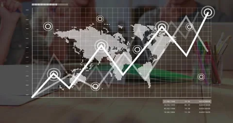 Classmates noting at table while data node appearing, animating trend line Video stock 317599928