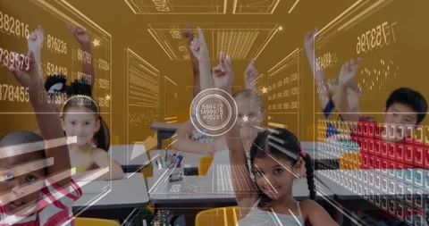Classmates raising hands to answer question in classroom, activating golden data Stock Footage 312281058