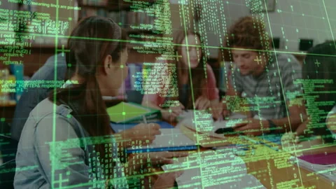 Classmates studying notes at library desk when transparent code overlay pulsing Stock Footage 312360730