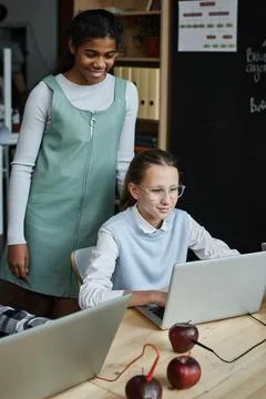 Classmates using computer in team at lesson Stock Photos