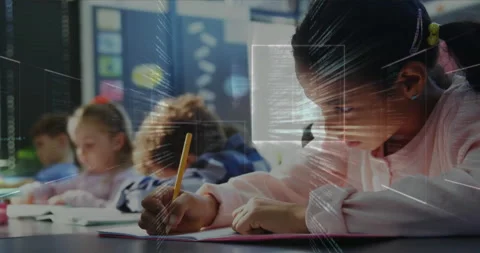 Classmates writing at classroom initiating code overlay scanning grid box honing Stock Footage 312281060
