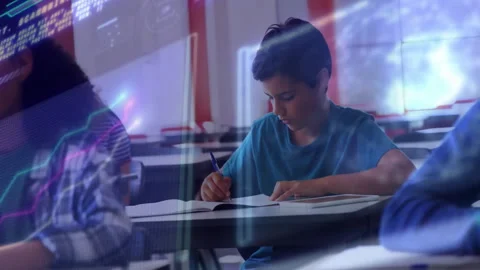 Classmates writing notebooks while AR charts, code overlaying learning, student Stock Footage 312638845