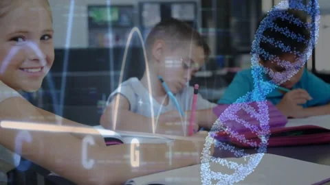 Classmates writing at school using pencils with animated DNA helix waveform Stock Footage 329126151