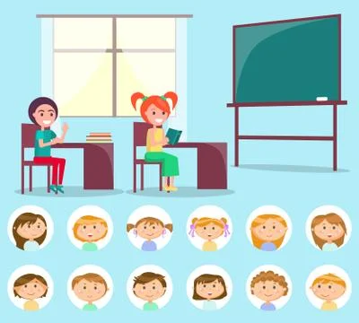 Classroom and Classmate, Lesson and Pupil Vector Illustrazione stock