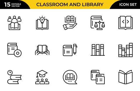 Classroom and Library line icon set. Quiet area badge, library tag, group s.. Stock Illustration