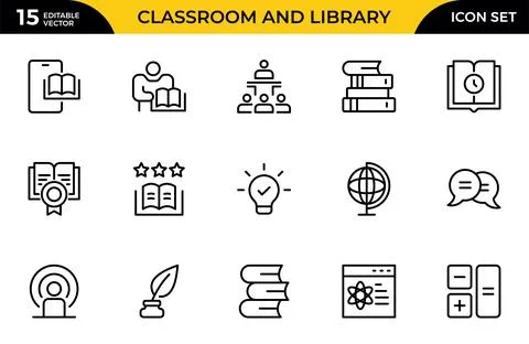 Classroom and Library line icon set. Quiet area badge, library tag, group s.. Stock Illustration