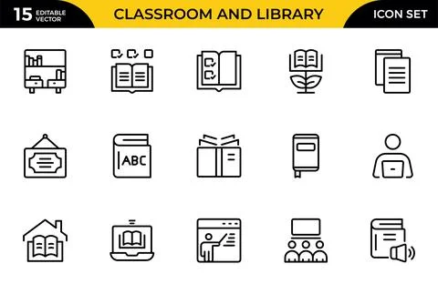 Classroom and Library line icon set. Quiet area badge, library tag, group s.. Illustrazione stock
