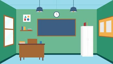 A classroom with a blackboard and a clock on the wall Illustrazione stock
