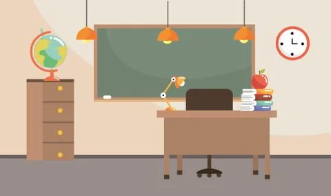 Classroom with blackboard and global map supplies 스톡 일러스트