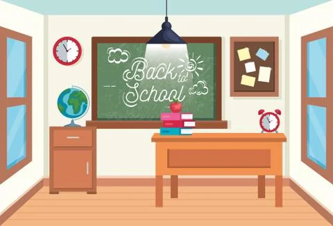 Classroom with blackboard and note board with books and apple 스톡 일러스트