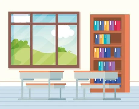 Classroom with books inside bookcase and window with desks Stock Illustration
