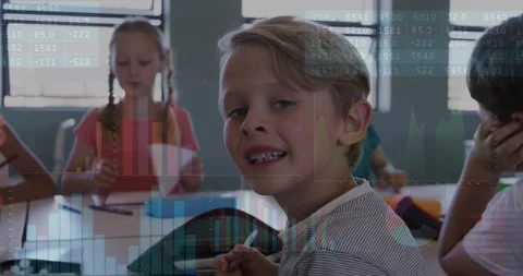 Classroom boy noticing lens turning while holding pencil peer folding paper Stock Footage 331109027