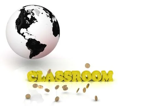 CLASSROOM- bright color letters, black and white Earth on a white background Stock Illustration