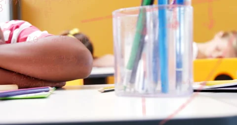 Classroom camera panning over sleeping students, overlaying red math graphs Stock Footage 315796593
