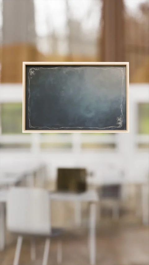 Classroom chalkboard in bright, modern learning space with wooden accents Video stock 313879036