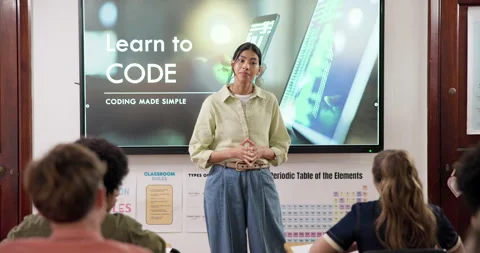Classroom, coding and students with teacher for question, asking and lesson for Stock Footage 347885060