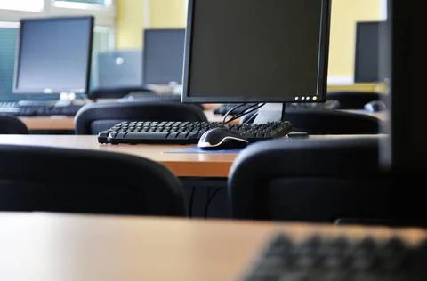 Classroom computer brand new computer with tft monitor in modern classroom... Stock Photos