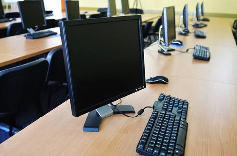Classroom computer brand new computer with tft monitor in modern classroom... Stock Photos