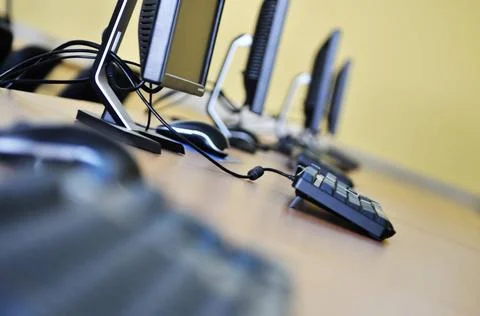 Classroom computer brand new computer with tft monitor in modern classroom... Stock Photos