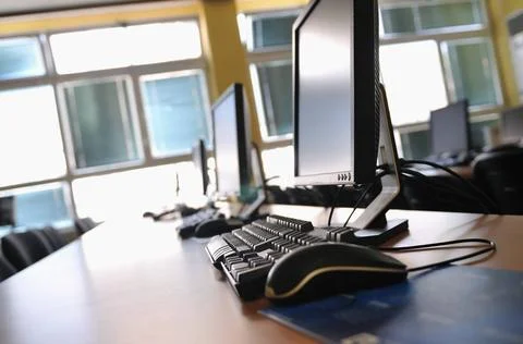 Classroom computer brand new computer with tft monitor in modern classroom... Stock Photos