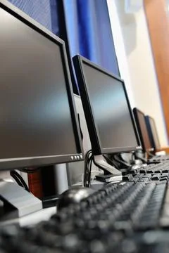 Classroom computer brand new computer with tft monitor in modern classroom... Stock Photos