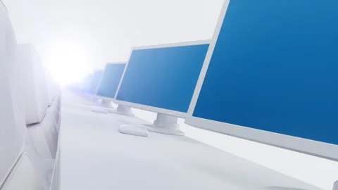 Classroom with computers blue screens, tables and chairs in the lines Stock Footage 302945961