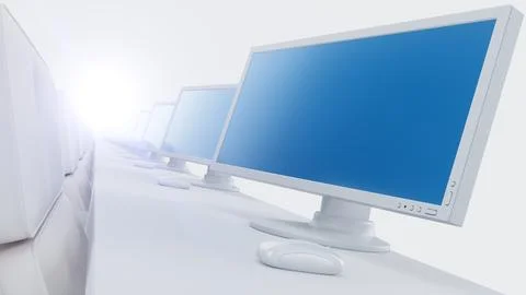 Classroom with computers blue screens, tables and chairs in the lines of white r Stock Illustration