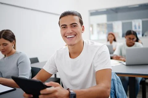 Classroom, digital tablet and student portrait for university learning software Stock Photos