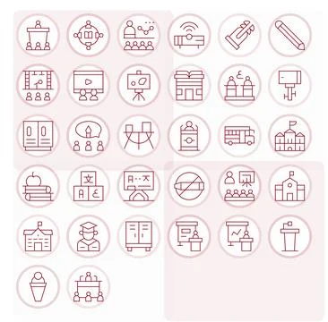 Classroom Display Perfect Vector Set with 32 High Resolution Thin Line Icons Stock Illustration