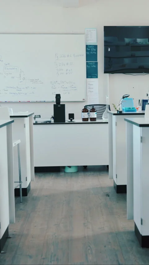 Classroom, empty and science lab in school for education, medical research or Stock Footage 332922328