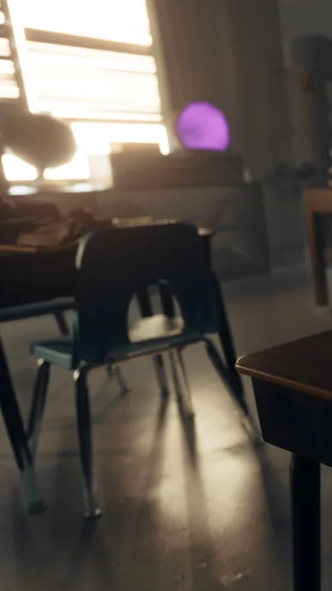 Classroom with empty chairs and desks in afternoon sunlight Stock Footage 341988416