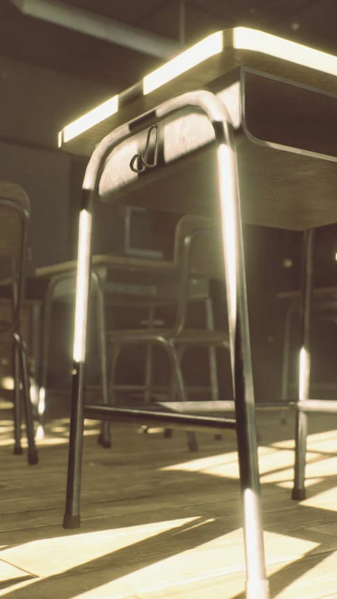 Classroom with empty chairs and sunlight streaming through the windows Stock Footage 321316507