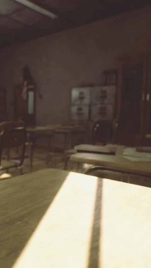 Classroom with empty desks in afternoon light with shadows on wooden table Stock Footage 334247362