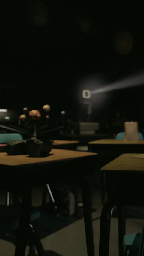 Classroom with empty desks and objects under projection light Stock Footage 335689327