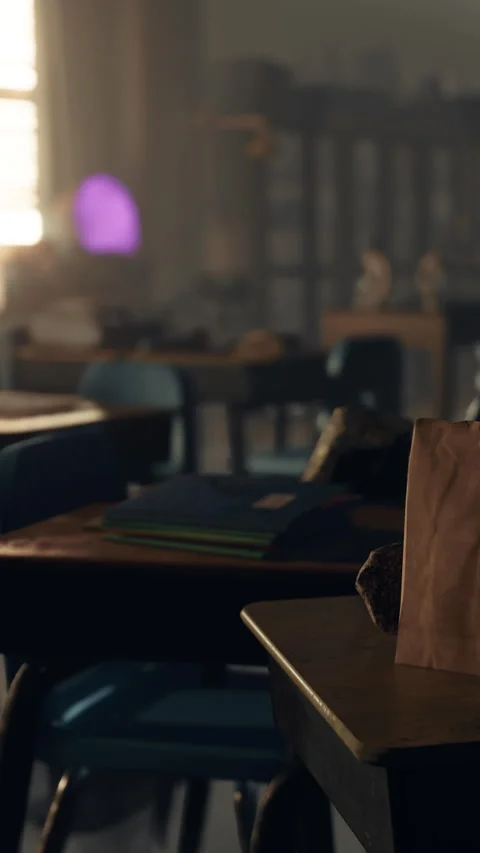 Classroom with empty desks and school supplies on a sunny afternoon Stock Footage 335689337