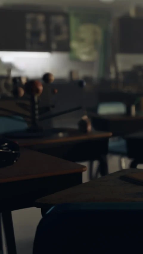 Classroom with empty desks and science models in the late afternoon light Stock Footage 340260998