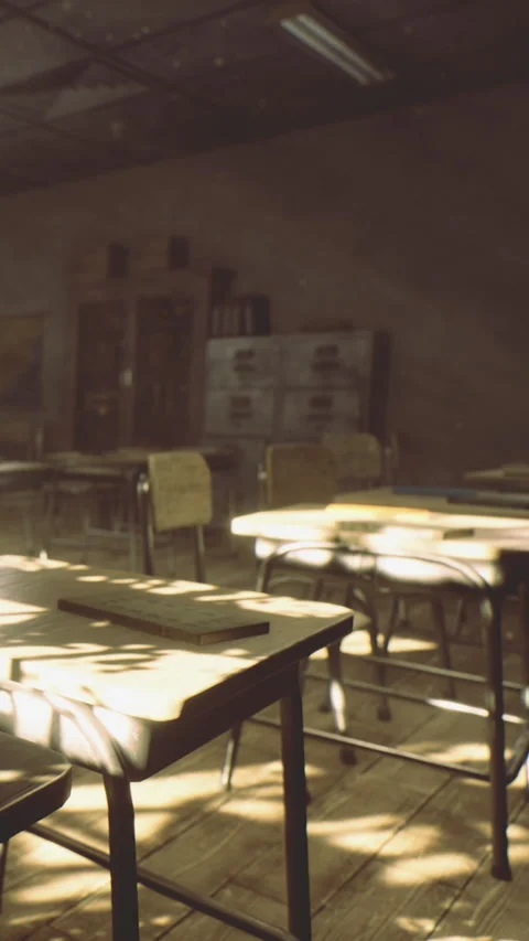 Classroom with empty desks and sunlight in an old school setting Stock Footage 333564747