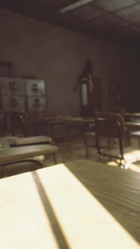 Classroom with empty desks and sunlight coming through windows in the afternoon Stock Footage 334755311