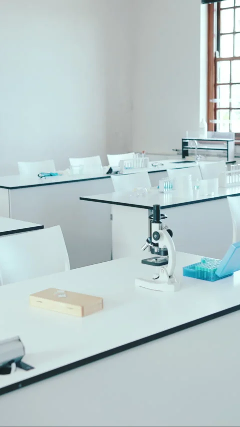 Classroom, empty or laboratory for science education, medical research or Stock Footage 332893952