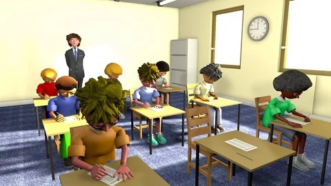 CLASSROOM EXAM SCENE ANIMATION WITH THE EXAM INVIGILATOR CHECKING FRONT VIEW  Video stock 73475458