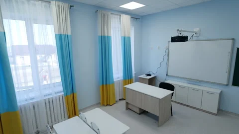 Classroom features interactive whiteboard and projector Stock Footage 334141369