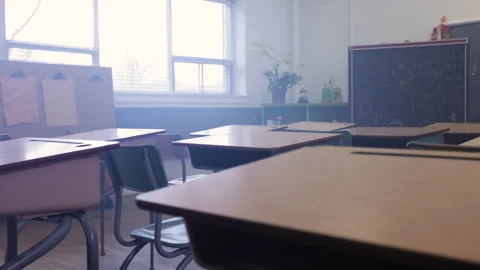 Classroom full of desks in a modern school environment Stock Footage 335983719