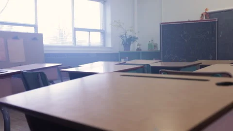 Classroom full of desks in a modern school environment Stock Footage 336134978