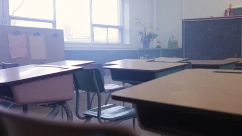 Classroom full of desks in a modern school environment Stock Footage 336135295