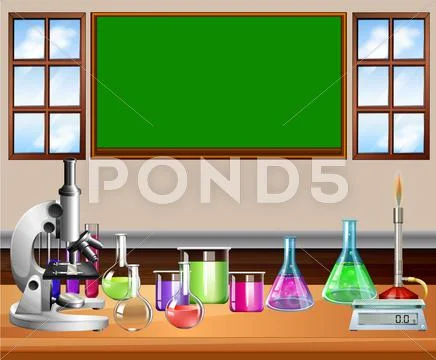 Classroom full of science equipment Stock Illustration